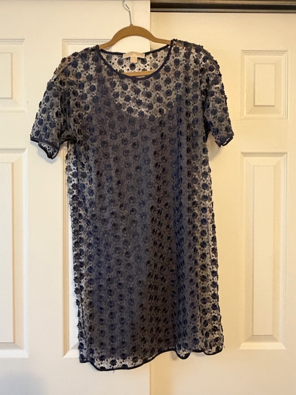 Michael Kors Navy Blue Textured Short-Sleeve Midi Dress with slip size M